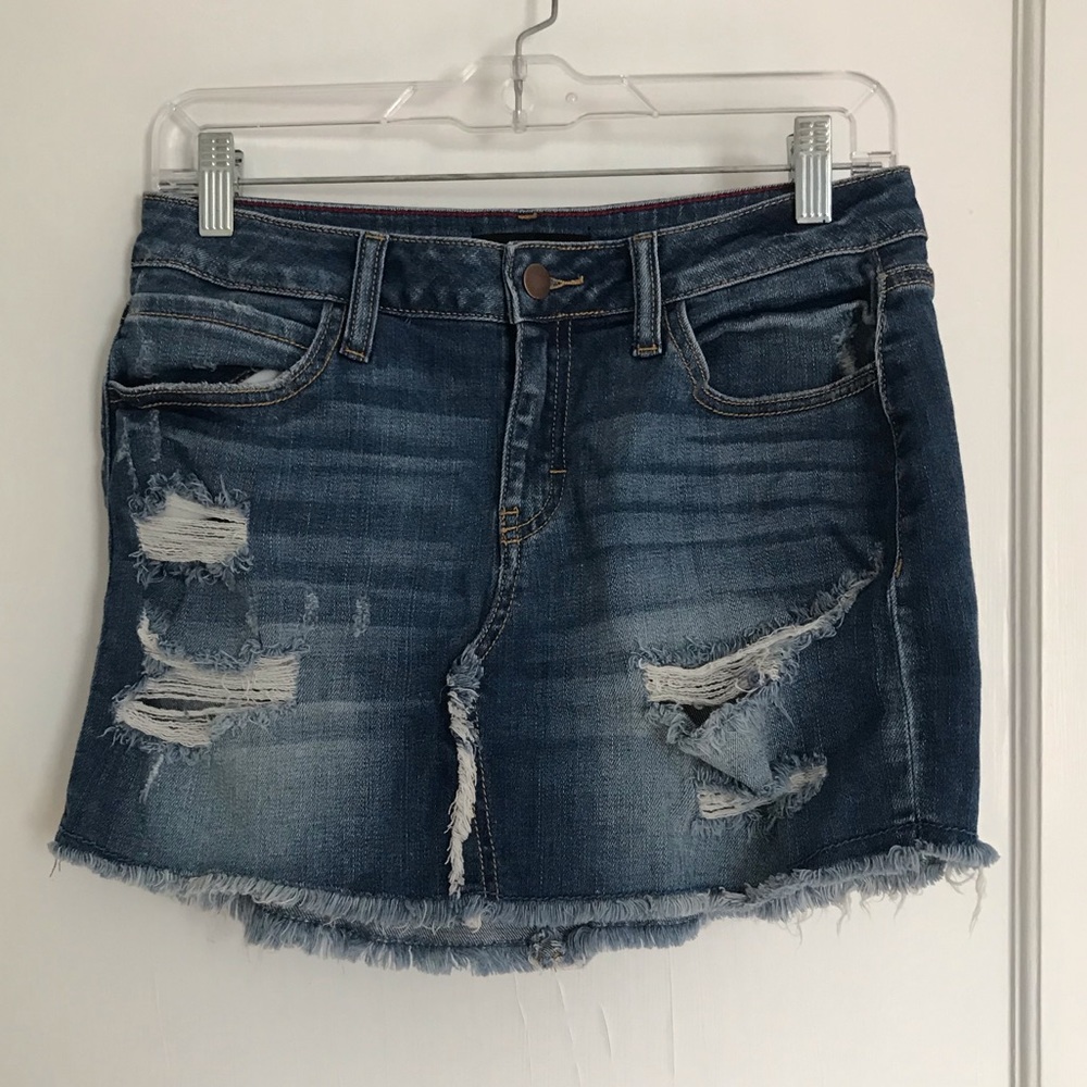Distressed Dark-Wash Denim Skirt